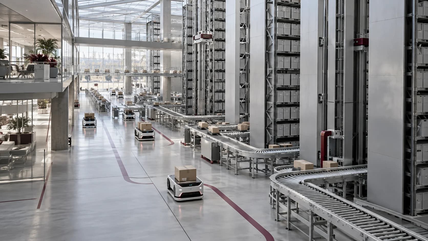 Centro logístico automatizado con robots y almacenes conectados — imagen conceptual