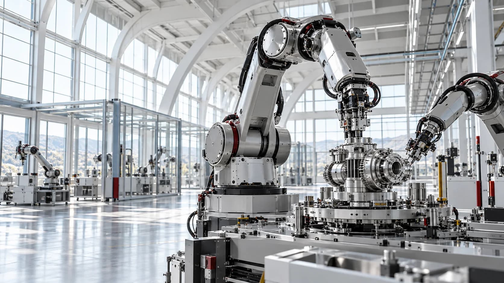 Brazos robóticos y sensores en un laboratorio industrial — imagen conceptual